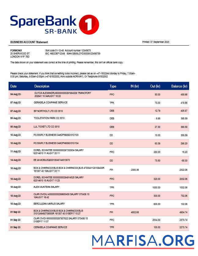 Blank Sparebank 1 Sr B enterprise account statement Word and PDF template
